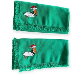 Set of 2 Vintage Fabric Napkins Green Embroidered Pelican Santa Hat Christmas